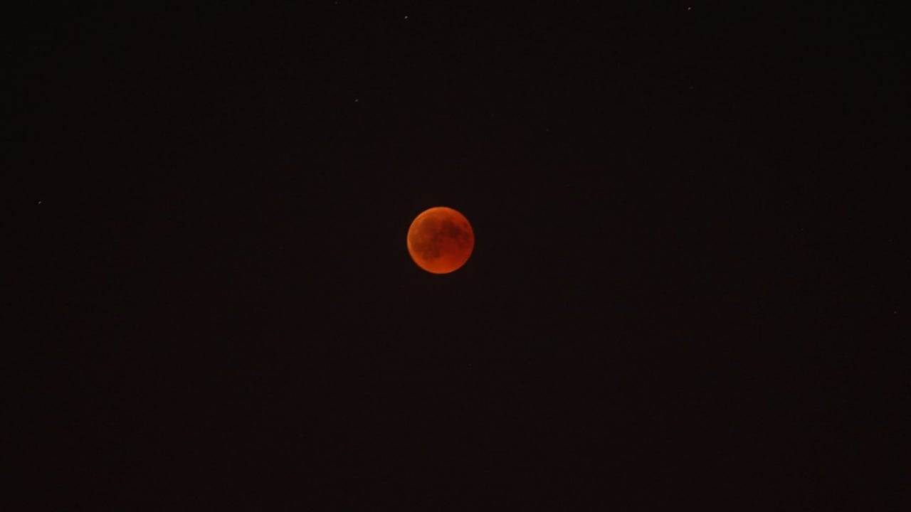 Blutmond bei einer totalen Mondfinsternis – rötlich leuchtender Mond am Nachthimmel